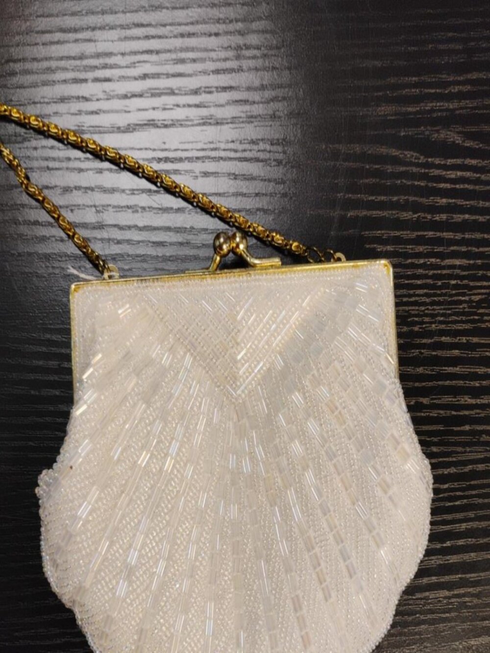 Carlo Fellini White Beaded Seashell Evening Bag Gold Chain Vintage